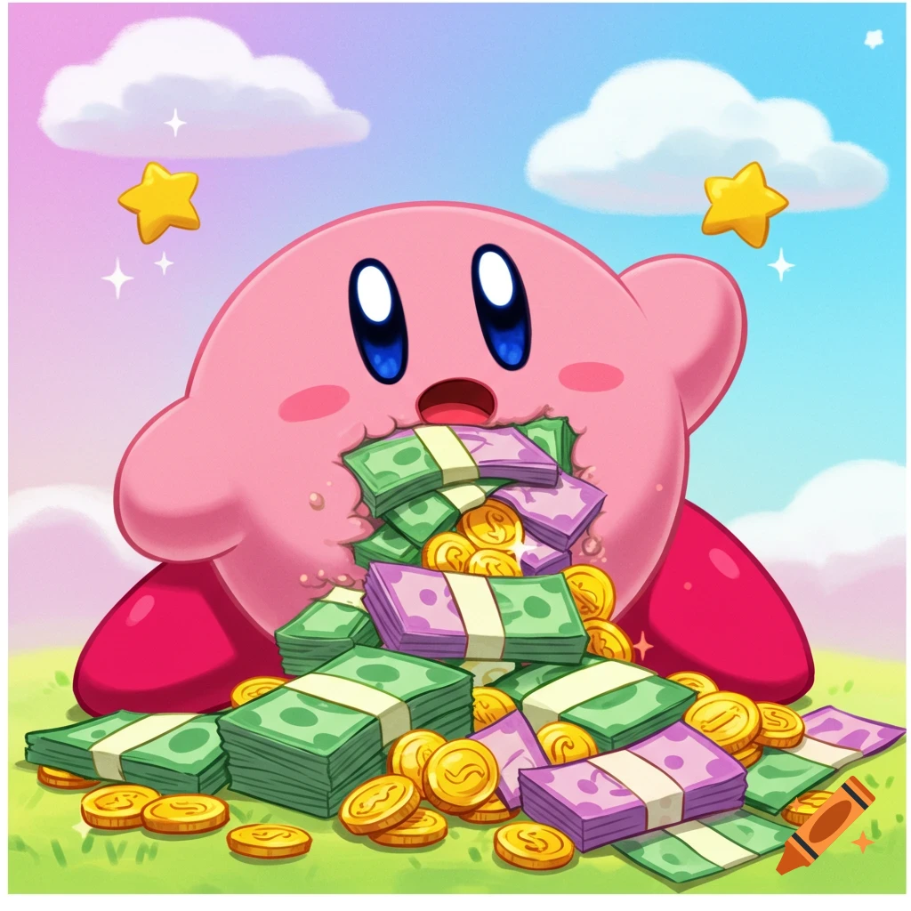 Kirby, a pink video game character, devours large stacks of money and coins.