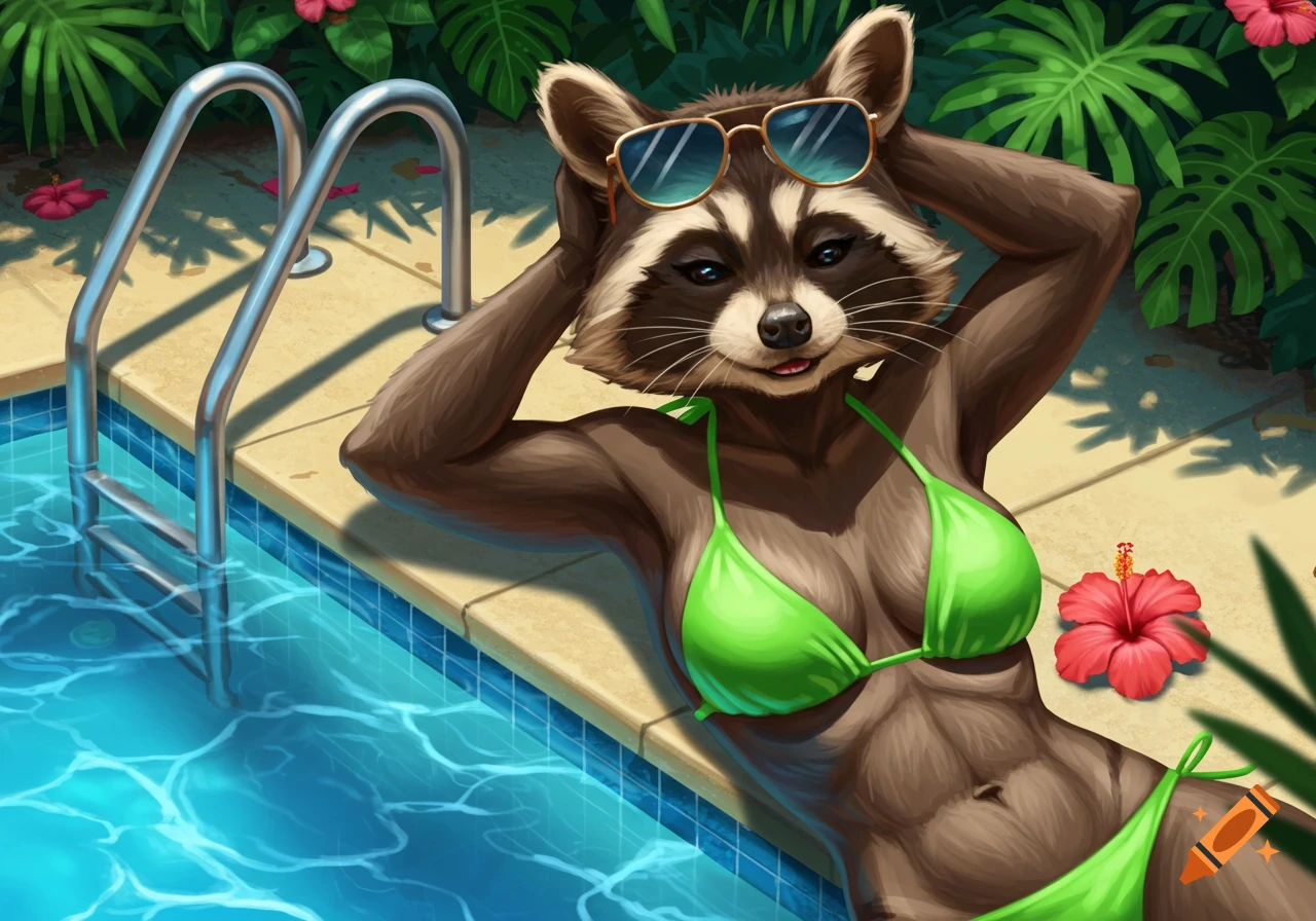 Anthropomorphic raccoon in a green bikini lounging by a pool. Digital illustration.