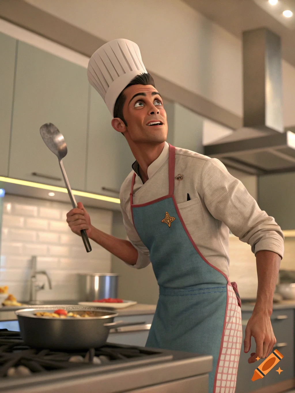 A 3D rendered man in a chef's hat and apron holds a spoon over a pan while cooking in a kitchen.