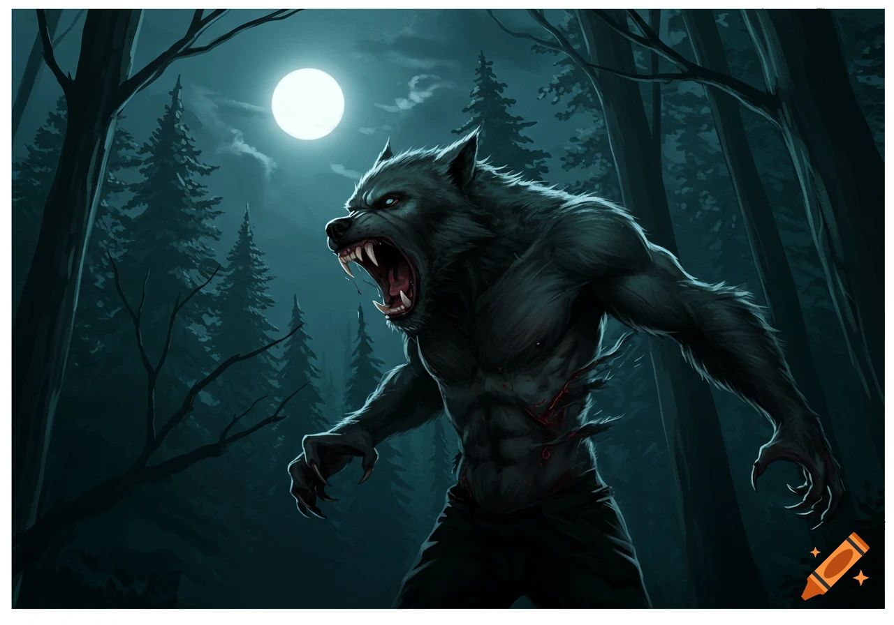 A roaring werewolf stands in a dark forest under a full moon.