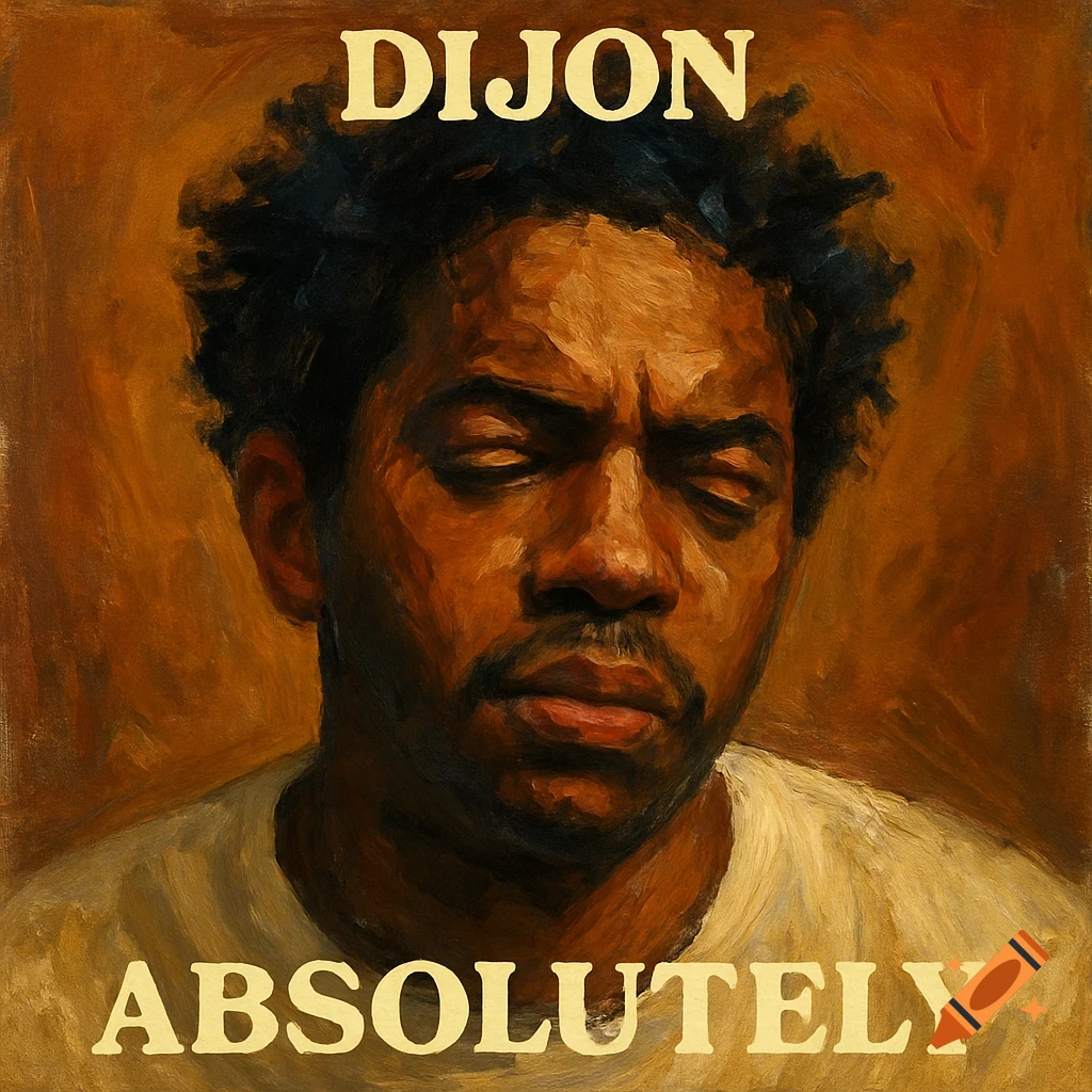 Painterly portrait of a person with closed eyes, with text DIJON and ABSOLUTELY