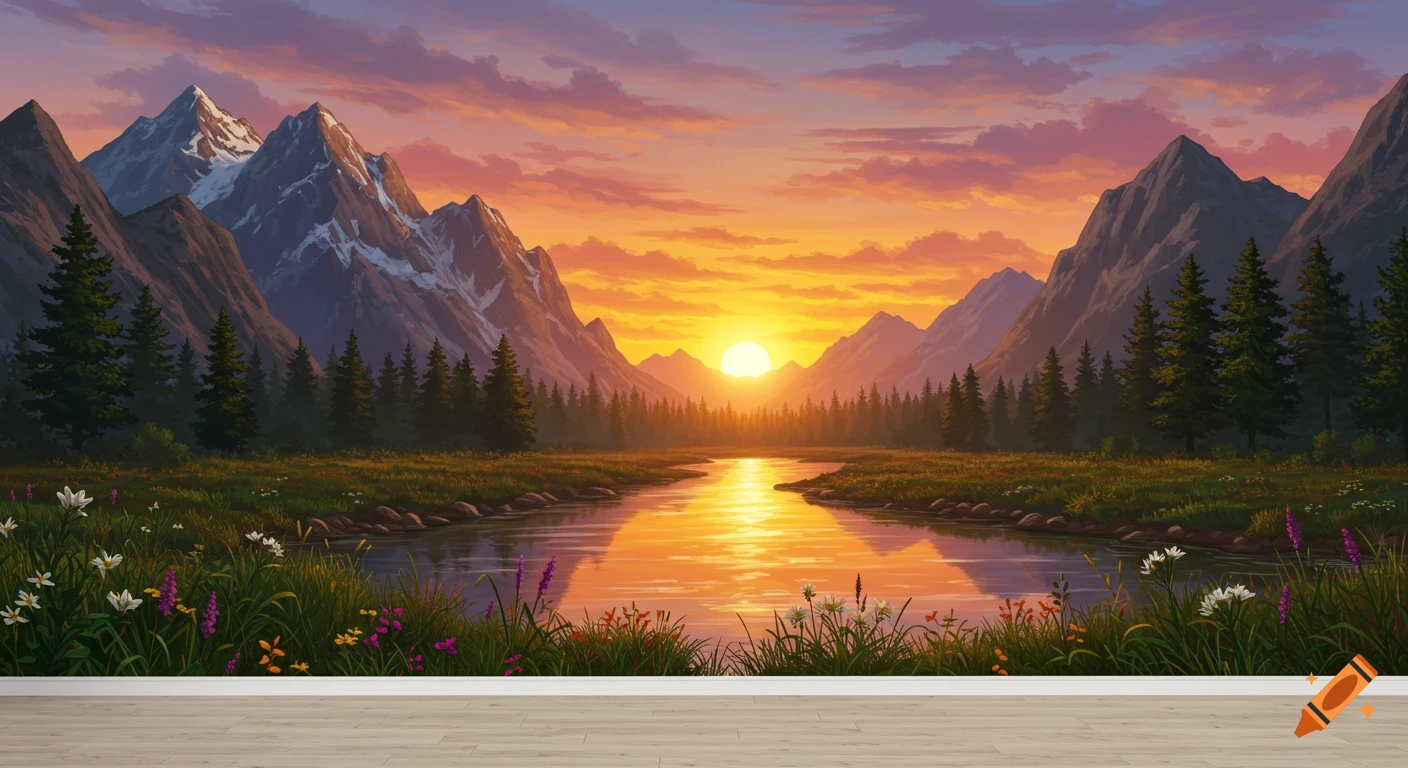 Painting of a river flowing towards a sunset between mountains and pine trees with flowers in the foreground.