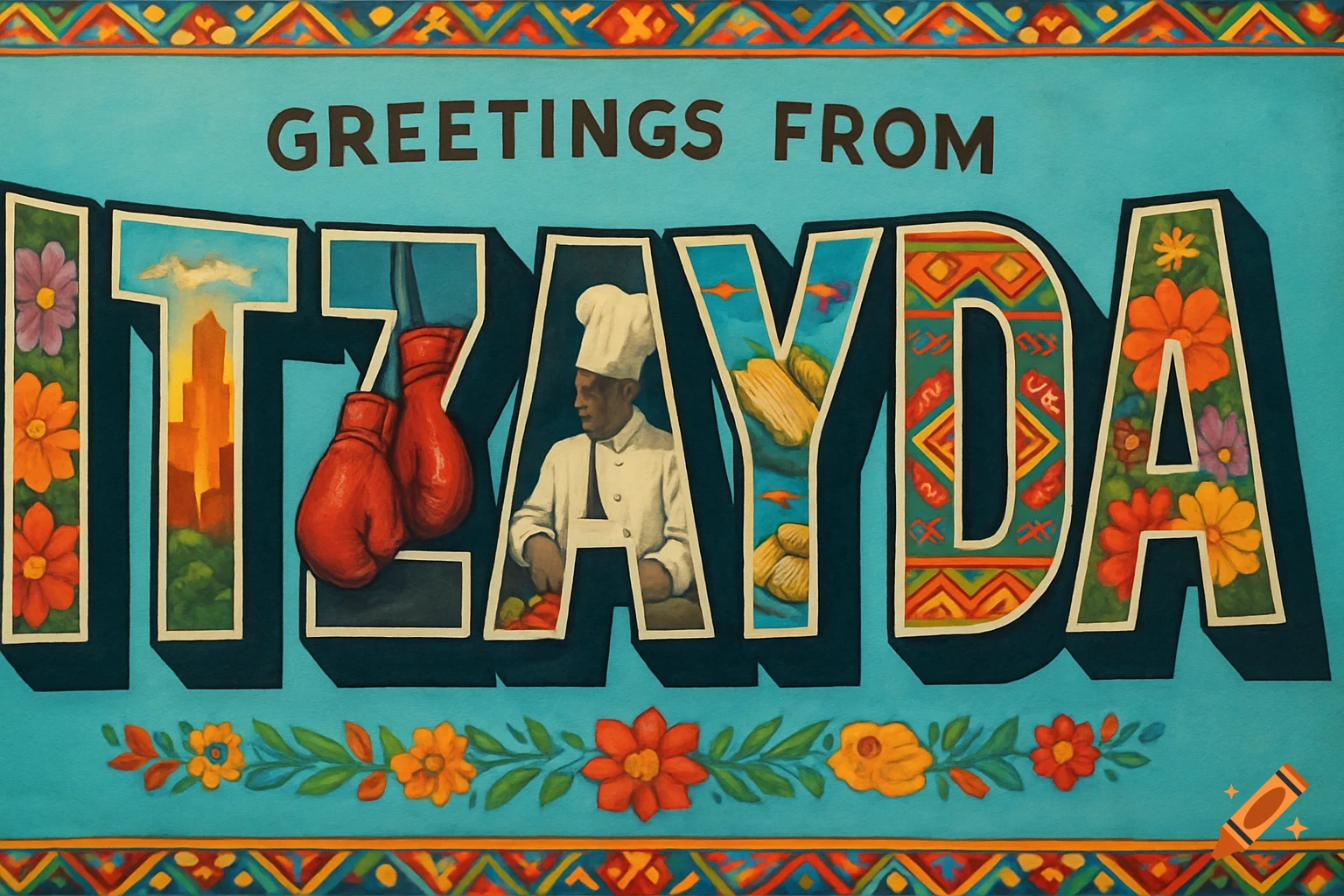 Postcard-style mural with GREETINGS FROM ITZAYDA text & illustrations inside letters: skyline, boxing gloves, chef, tamales.