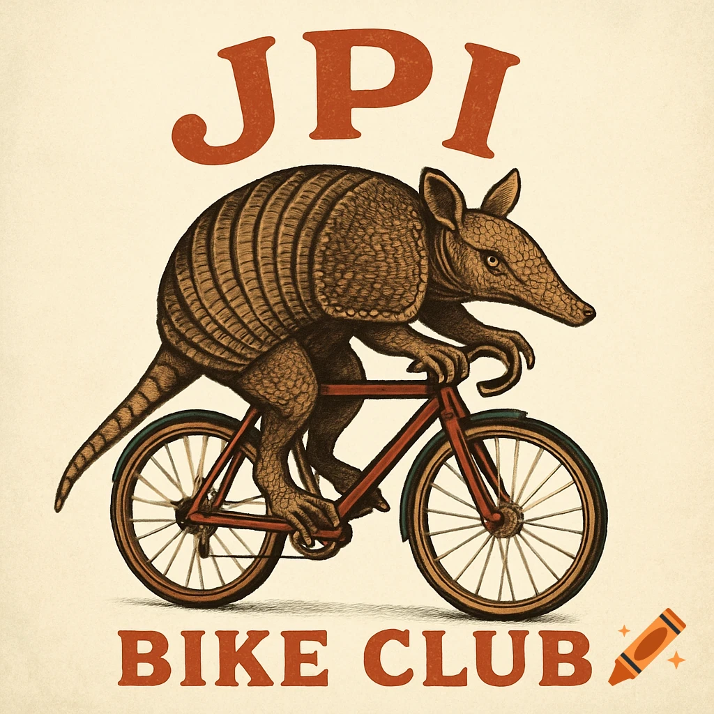 Illustration of an armadillo riding a bicycle with the text 'JPI BIKE CLUB'.