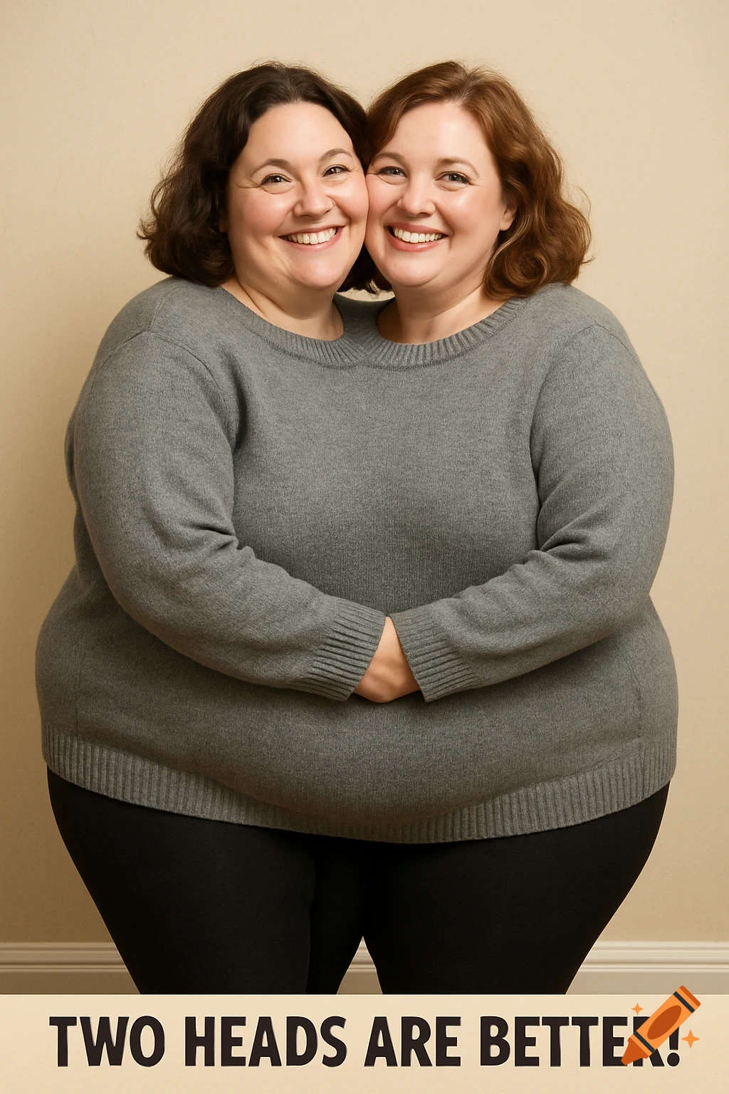 Two women blended into one body with two heads, wearing a gray sweater. Text reads 'TWO HEADS ARE BETTER!'.