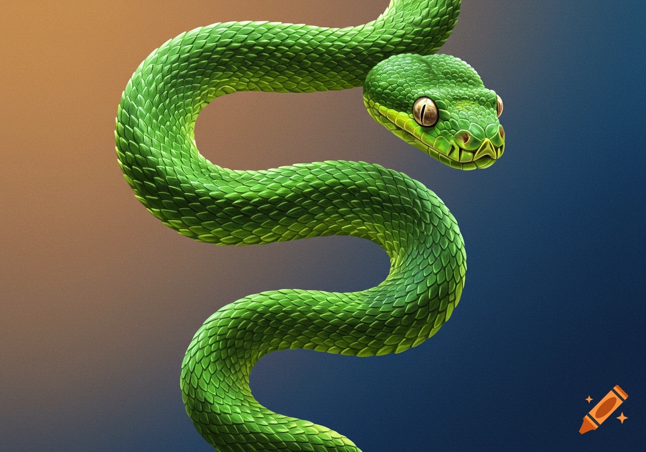 A vibrant green snake coiled against a brown and blue gradient background.