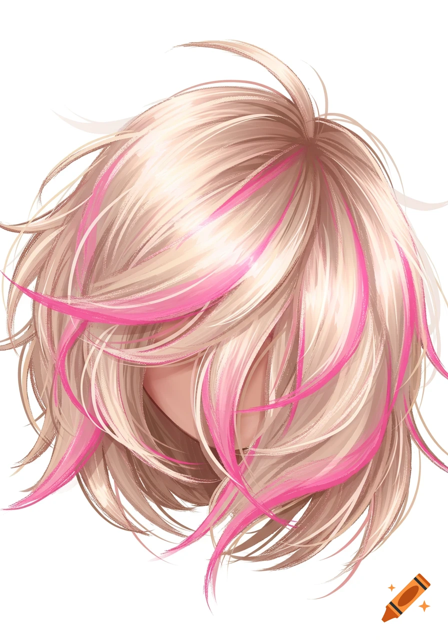 Stylized close-up of layered blonde hair with bright pink streaks.