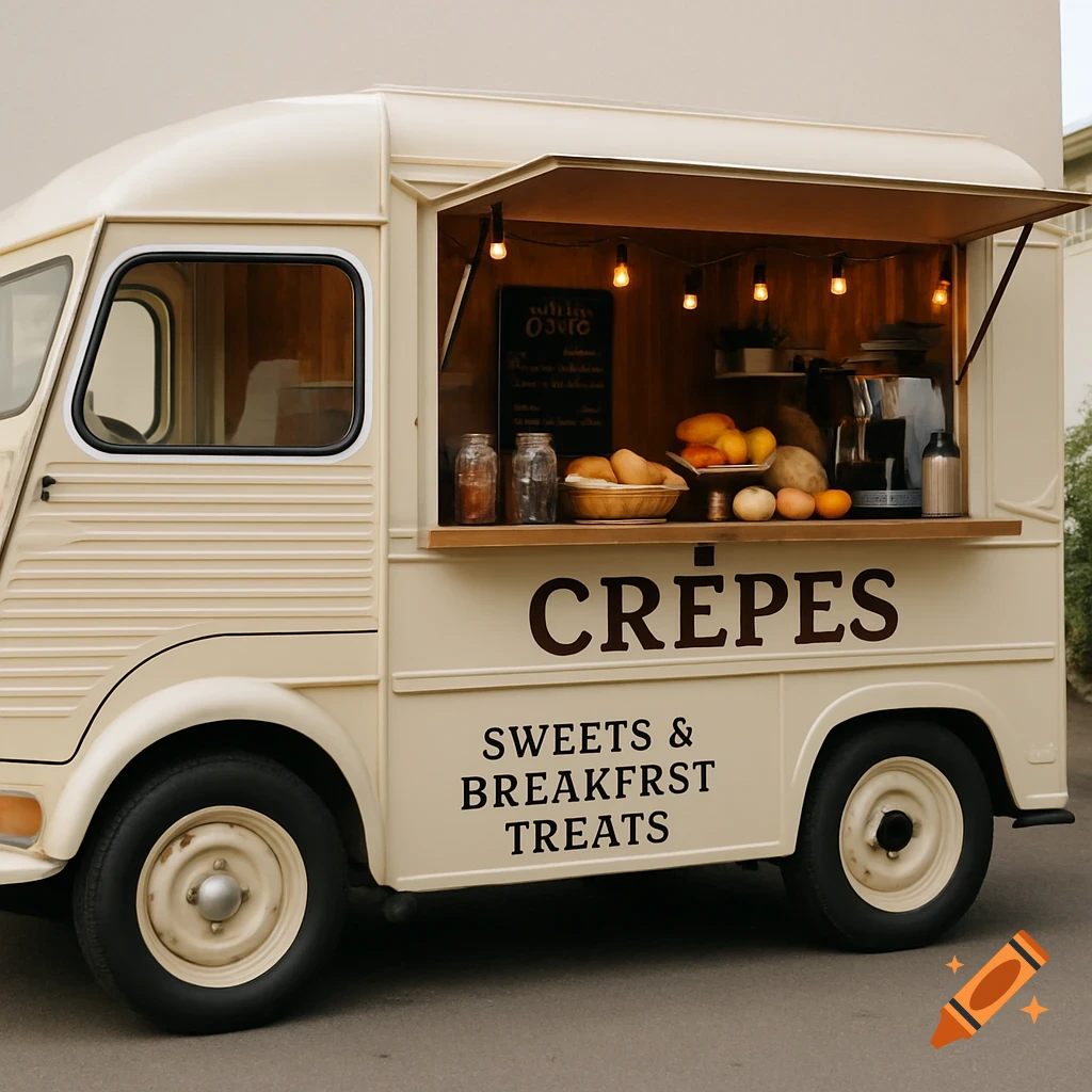 A vintage-style cream-colored food truck selling crepes, sweets, and breakfast treats.
