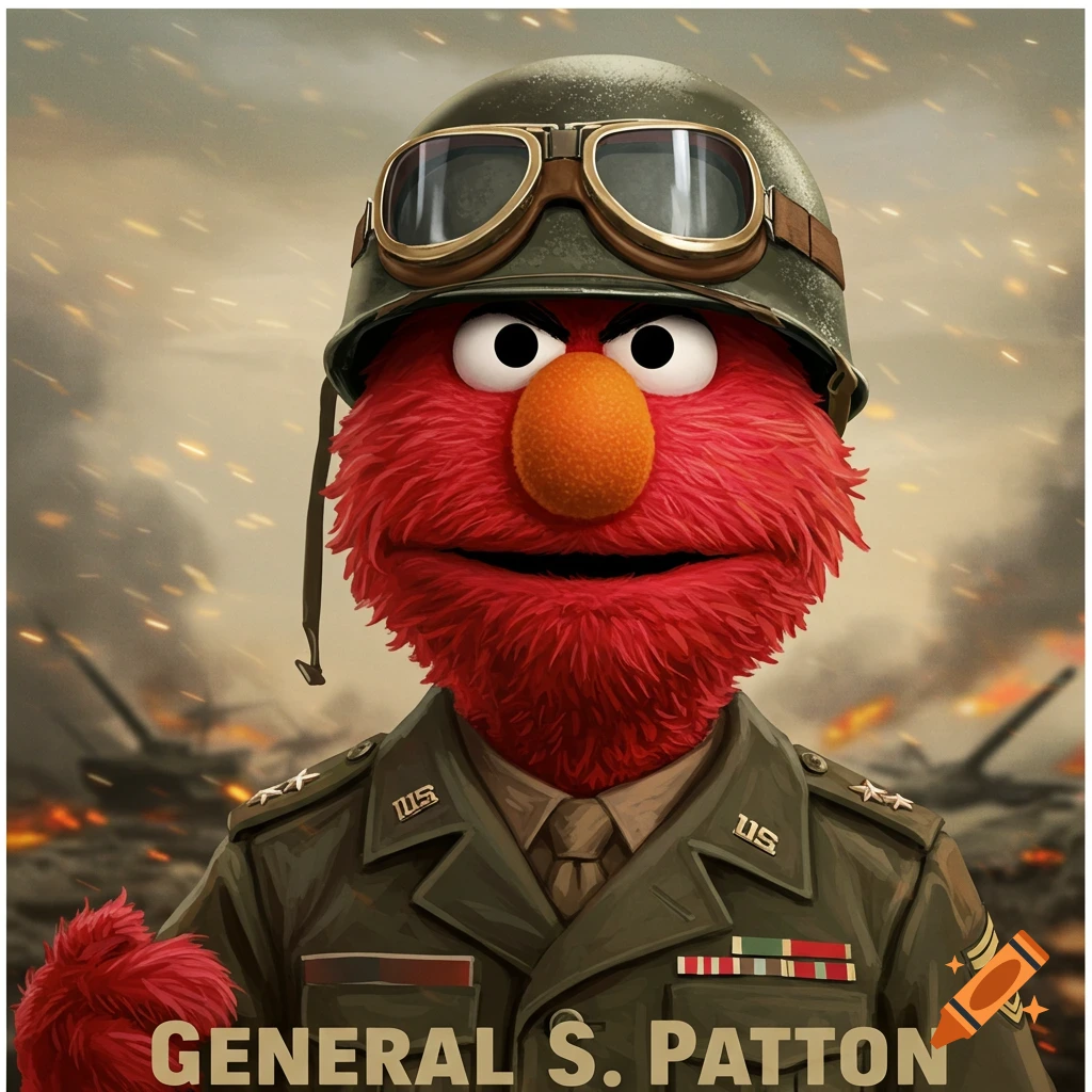 Elmo dressed as General Patton in a wartime scene