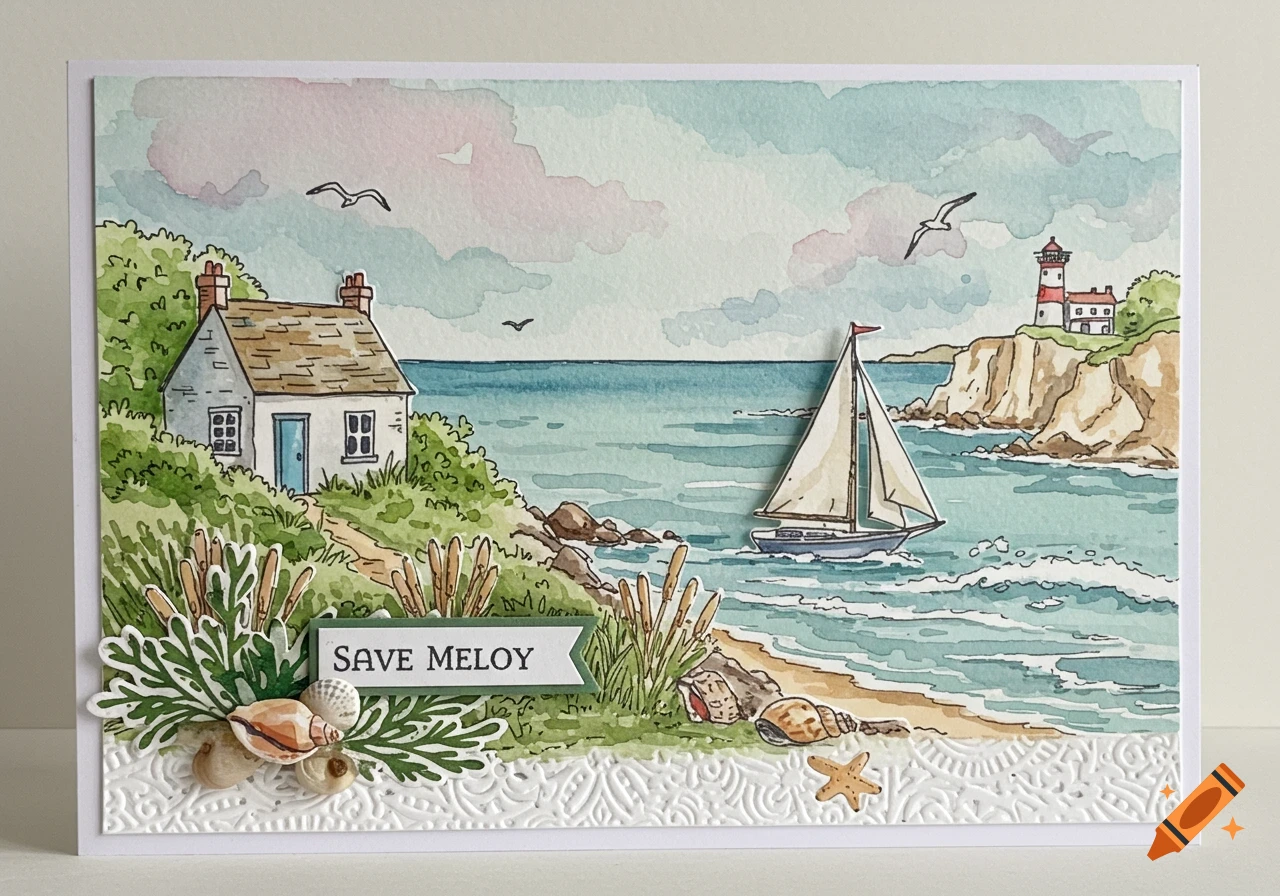 Watercolor and decoupage greeting card featuring a coastal scene with a cottage, lighthouse, sailboat, and the text "SAVE MELOY" on a banner.