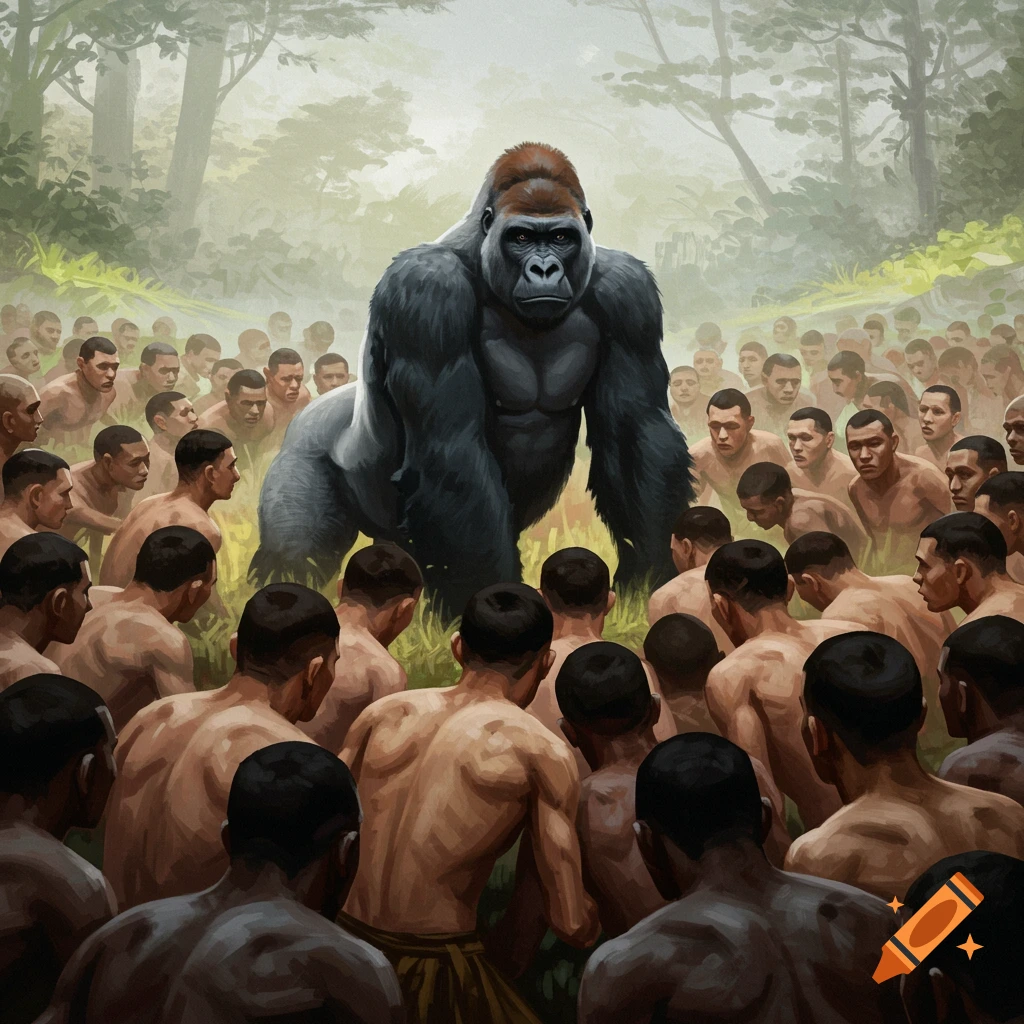 Large gorilla stands in a jungle clearing surrounded by a crowd of men. Painted style.