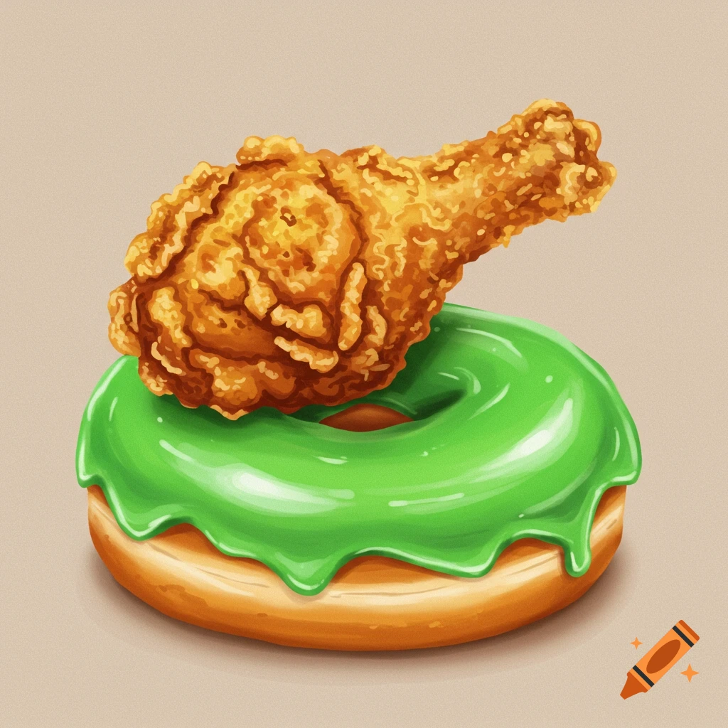A fried chicken leg sits atop a green glazed donut.
