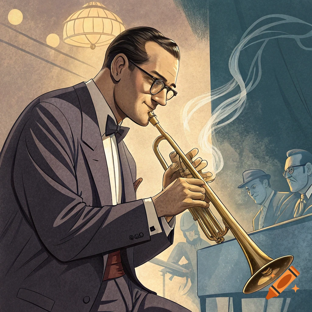 Illustration of a man playing a trumpet in a jazz club setting.