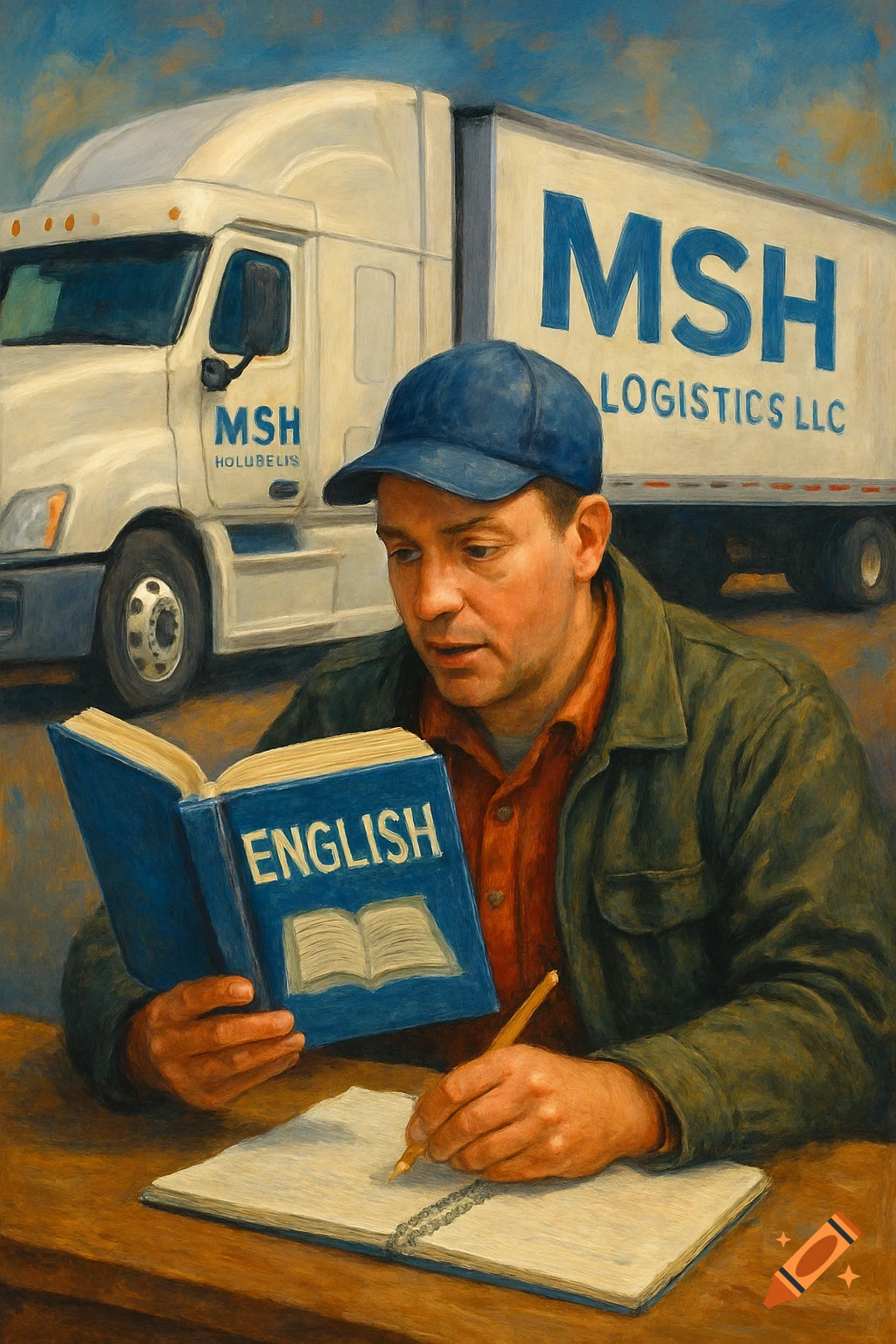 Painting of a truck driver reading an English book with a truck in the background.