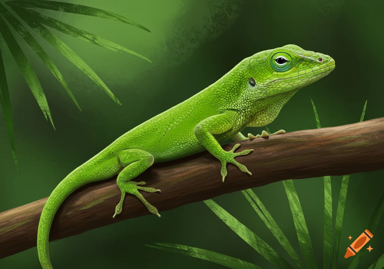 A bright green lizard perches on a brown branch, surrounded by green foliage in a digital painting style.