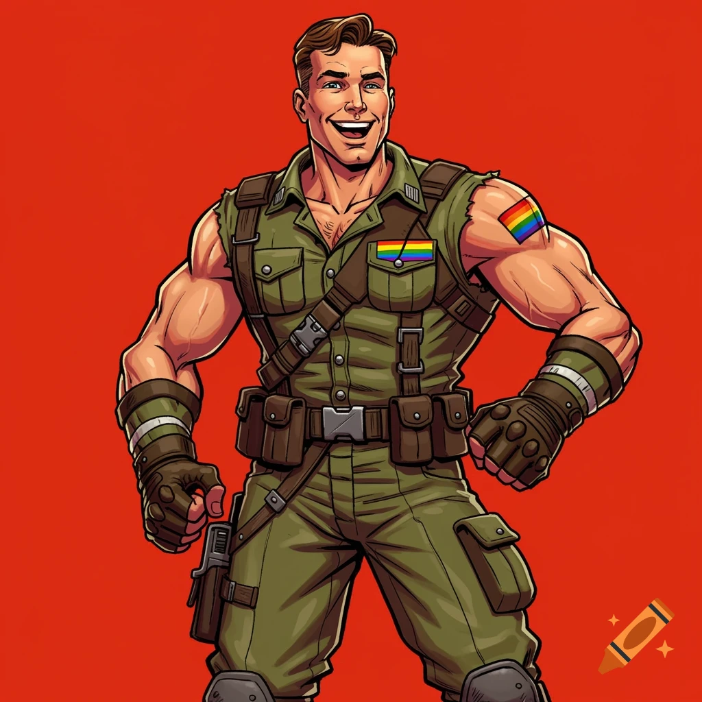 Stylized cartoon man in military uniform with pride flag patches.