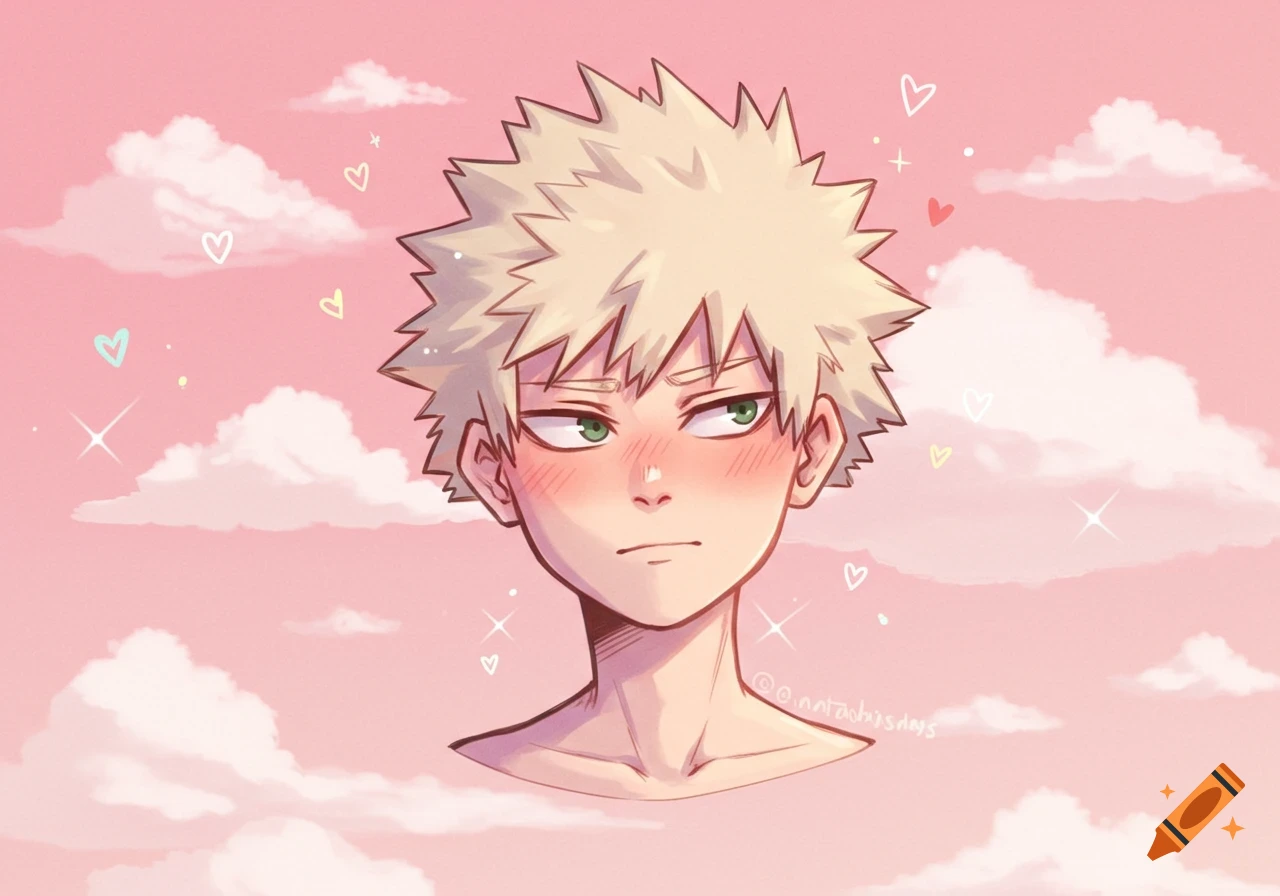 An anime illustration of Katsuki Bakugo blushing against a pink sky with clouds and hearts.