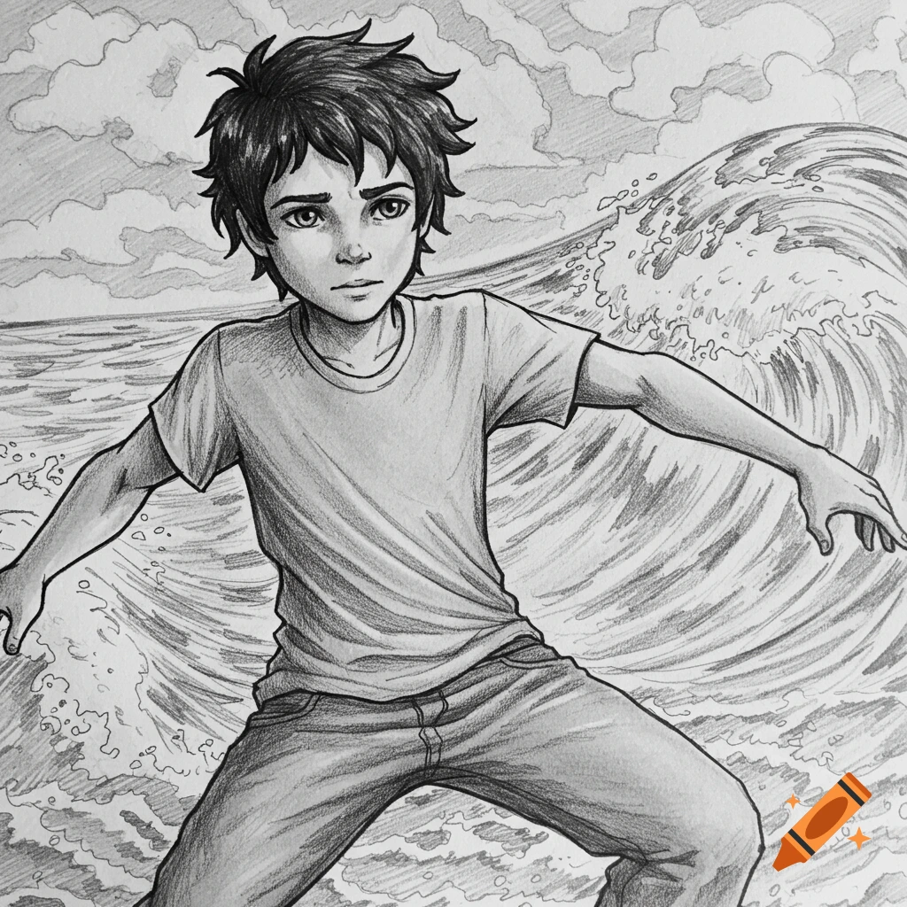 A pencil drawing of a boy bracing against a large wave in the ocean.