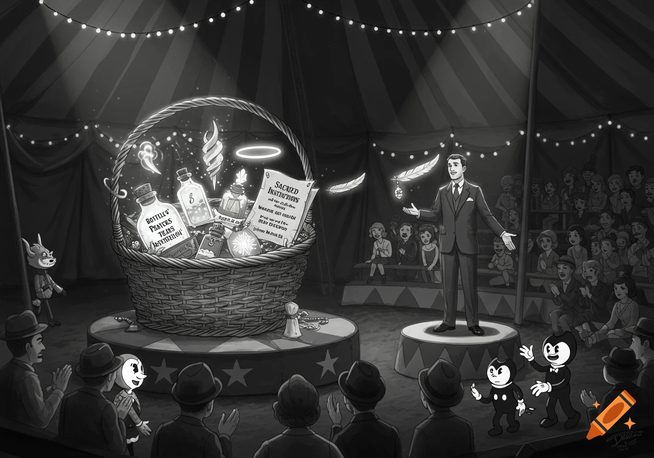 Black and white vintage scene in a circus tent with a presenter showing a basket of items to an audience