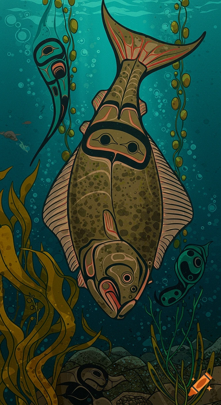 Pacific Northwest indigenous style art of a halibut and other marine life underwater.