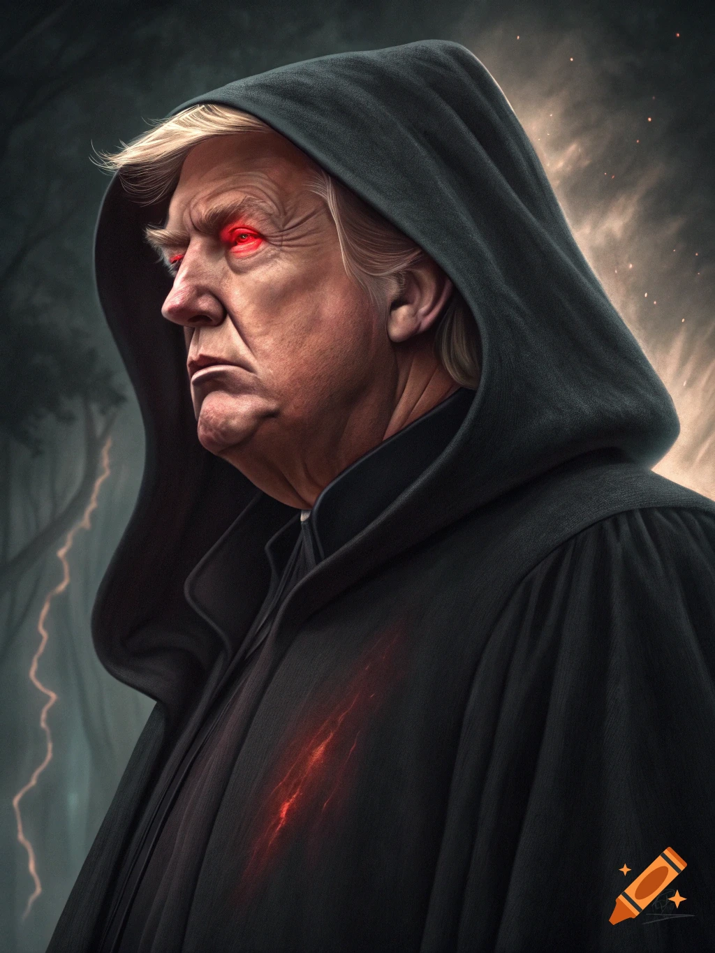 Digital art of Donald Trump portrayed as a Sith Lord with glowing red eyes in a stormy forest