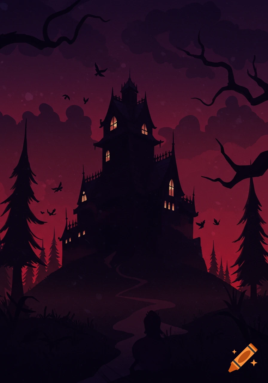 Silhouette of a haunted house against a red sky with trees and birds.