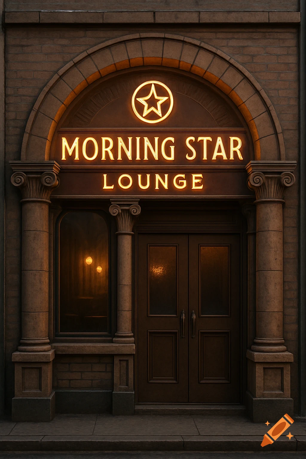 A bar storefront with a neon sign that reads "Morning Star Lounge" above a double door entrance with pillars in a Roman-inspired style.