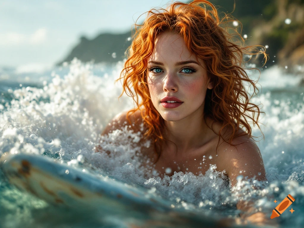 Photorealistic portrait of a red-haired woman in the ocean with a surfboard
