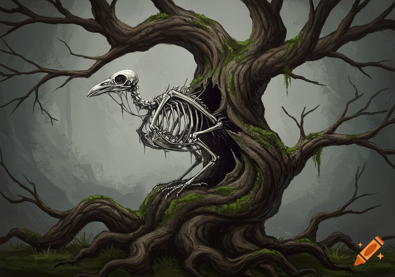 Skeletal bird perched on a twisted, moss-covered tree trunk.