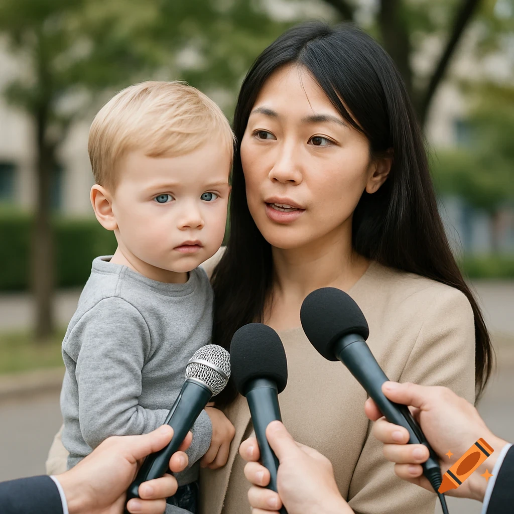 Japanese woman holding a blonde child, speaking into microphones outdoors.