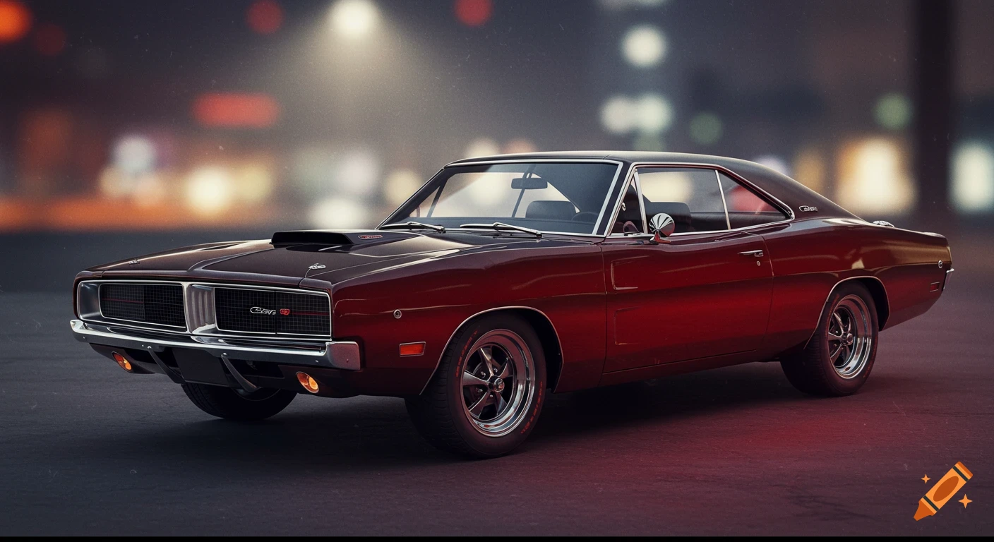 Dark red 1969 Dodge Charger parked at night with blurred urban background.
