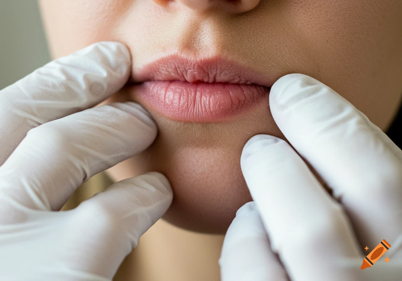 Close up of gloved hands examining a person's mouth.