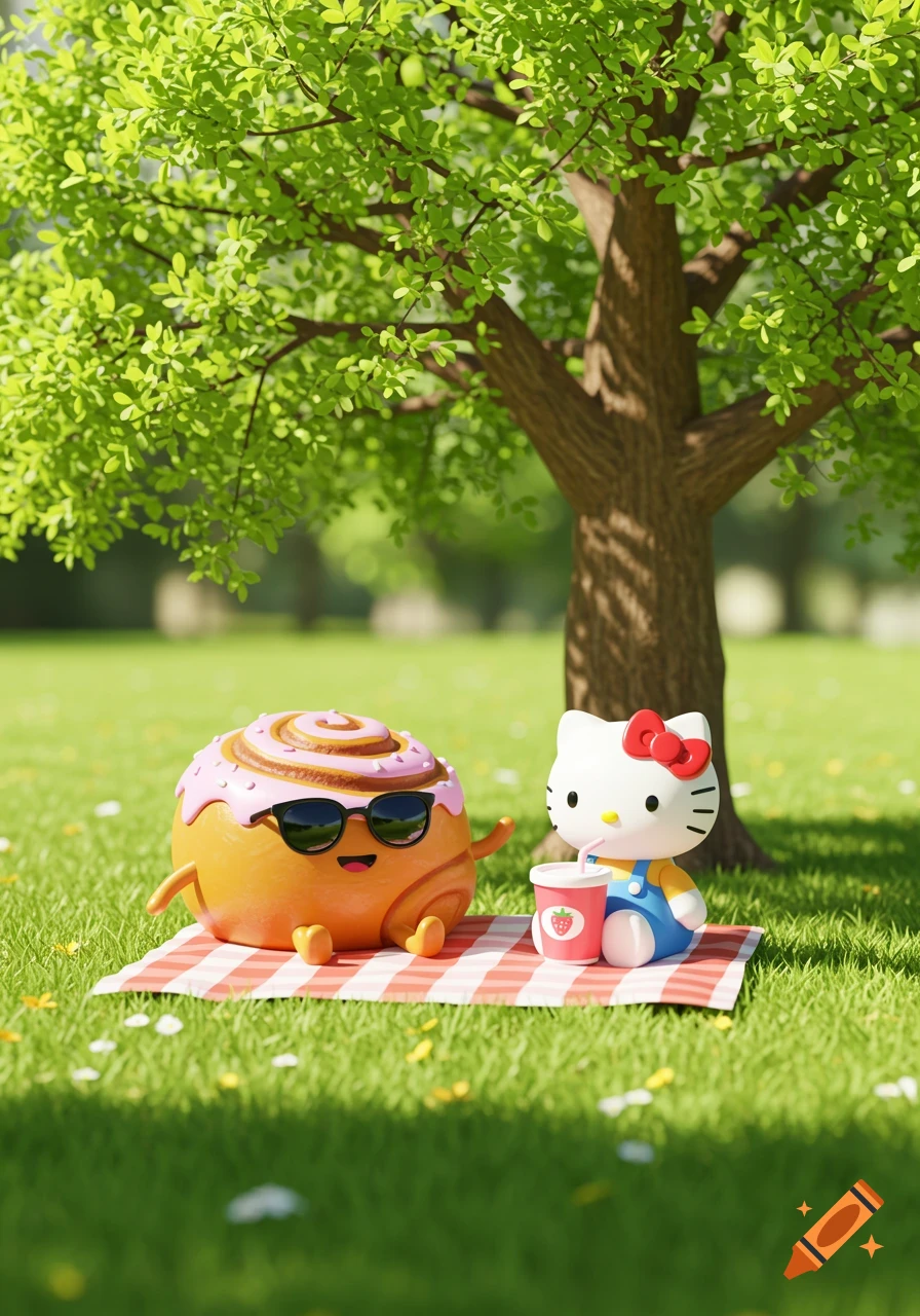 Hello Kitty and a pastry-like character picnic under a sunny tree.