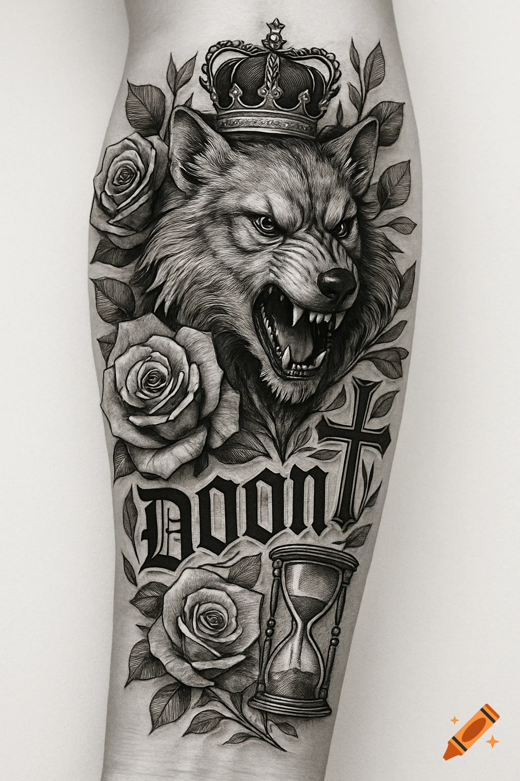 Black and white tattoo design of a snarling wolf head with a crown, roses, cross, hourglass, and 'DOOM'.
