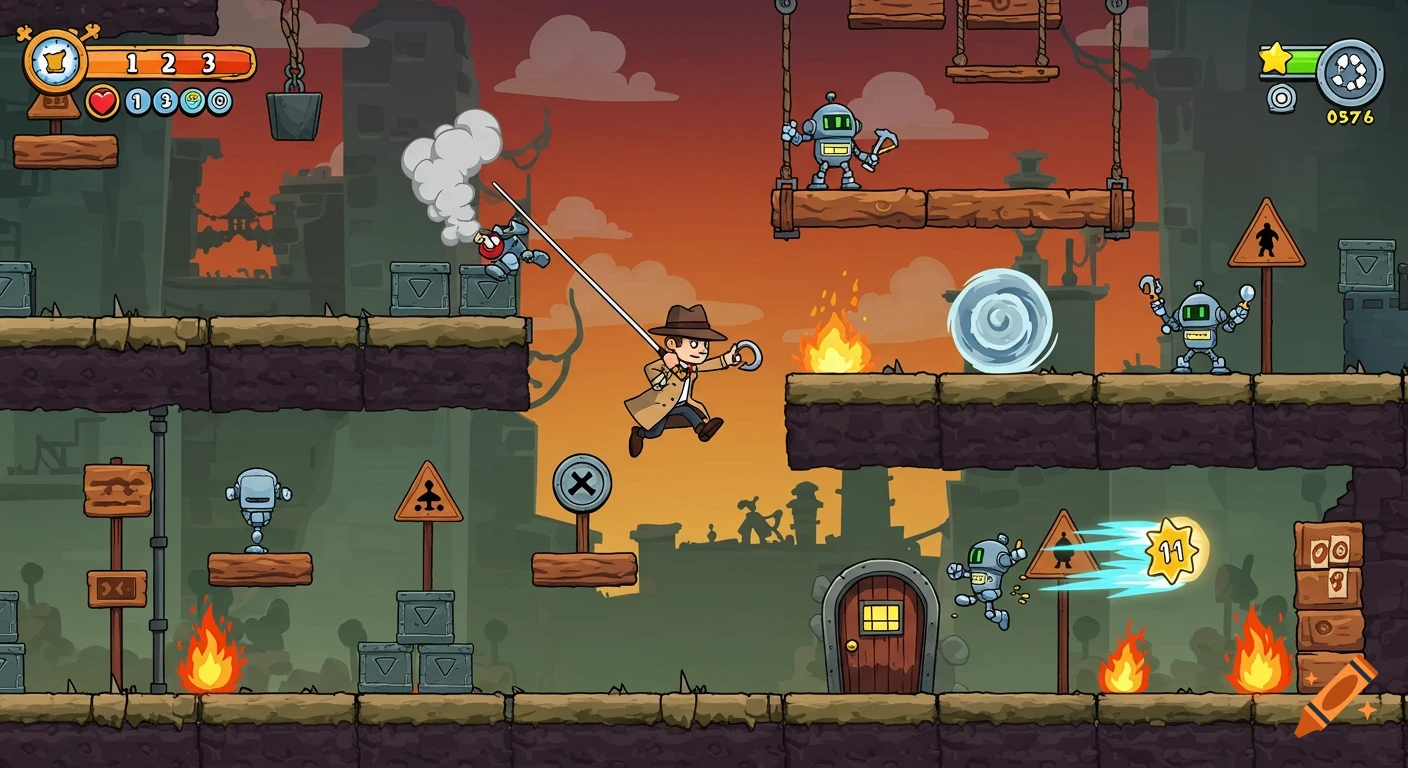 A cartoon detective swings on a grappling hook over a gap in a 2D platformer game world filled with obstacles and robots.