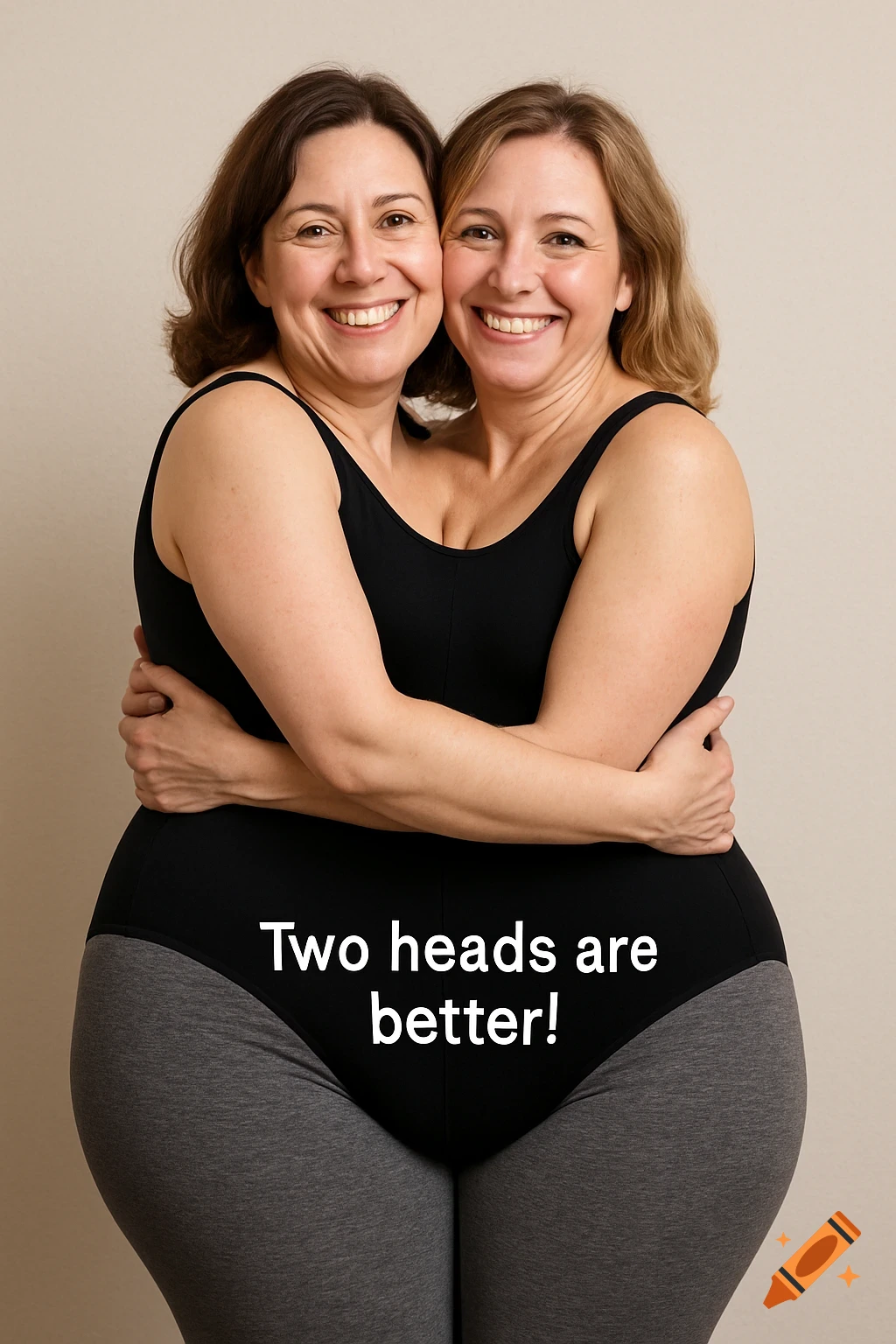 Two women in a leotard and tights hug, creating a two-headed illusion. Text reads 'Two heads are better!' Studio photo.