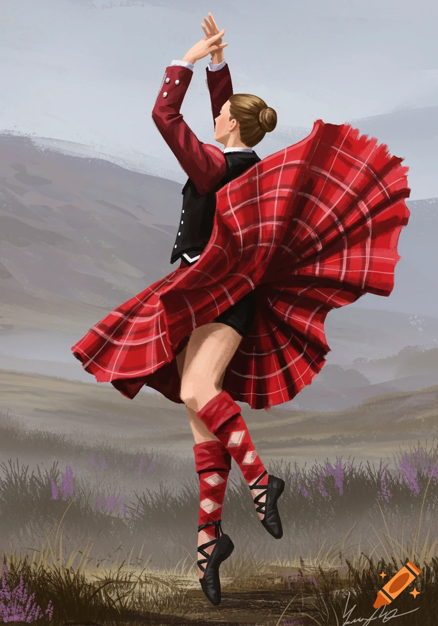 Digital painting of a woman in a red kilt dancing outdoors