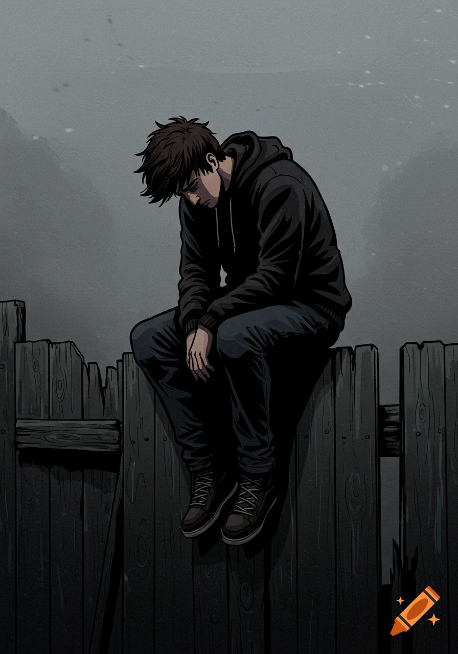 Stylized illustration of a sad young man in a black hoodie sitting on a fence