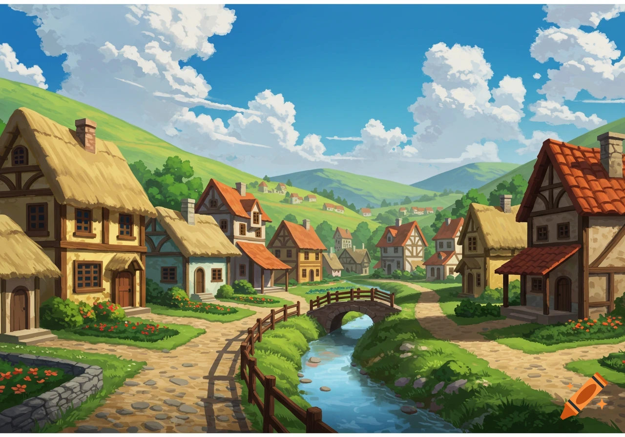 Illustration of a small village in a green valley with a river and bridge.