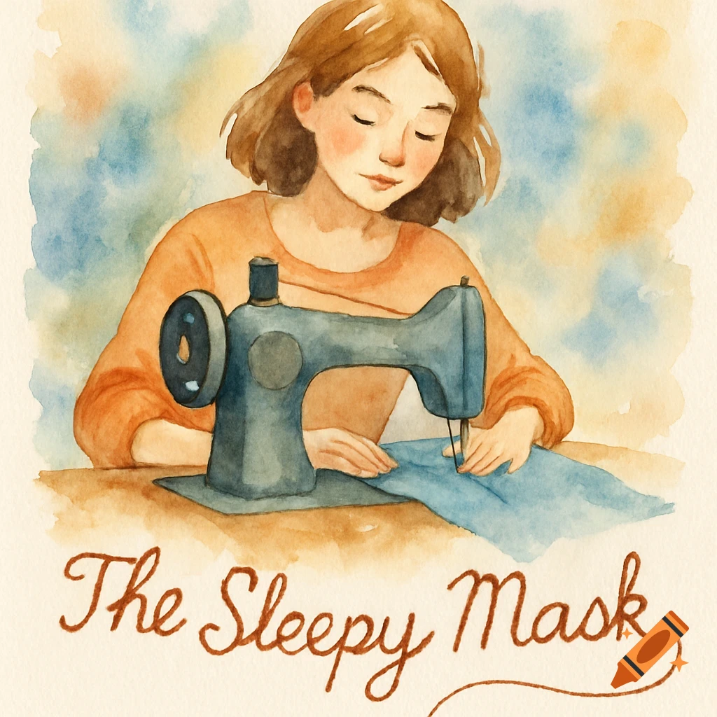 Watercolor painting of a woman sewing at a machine with text below.