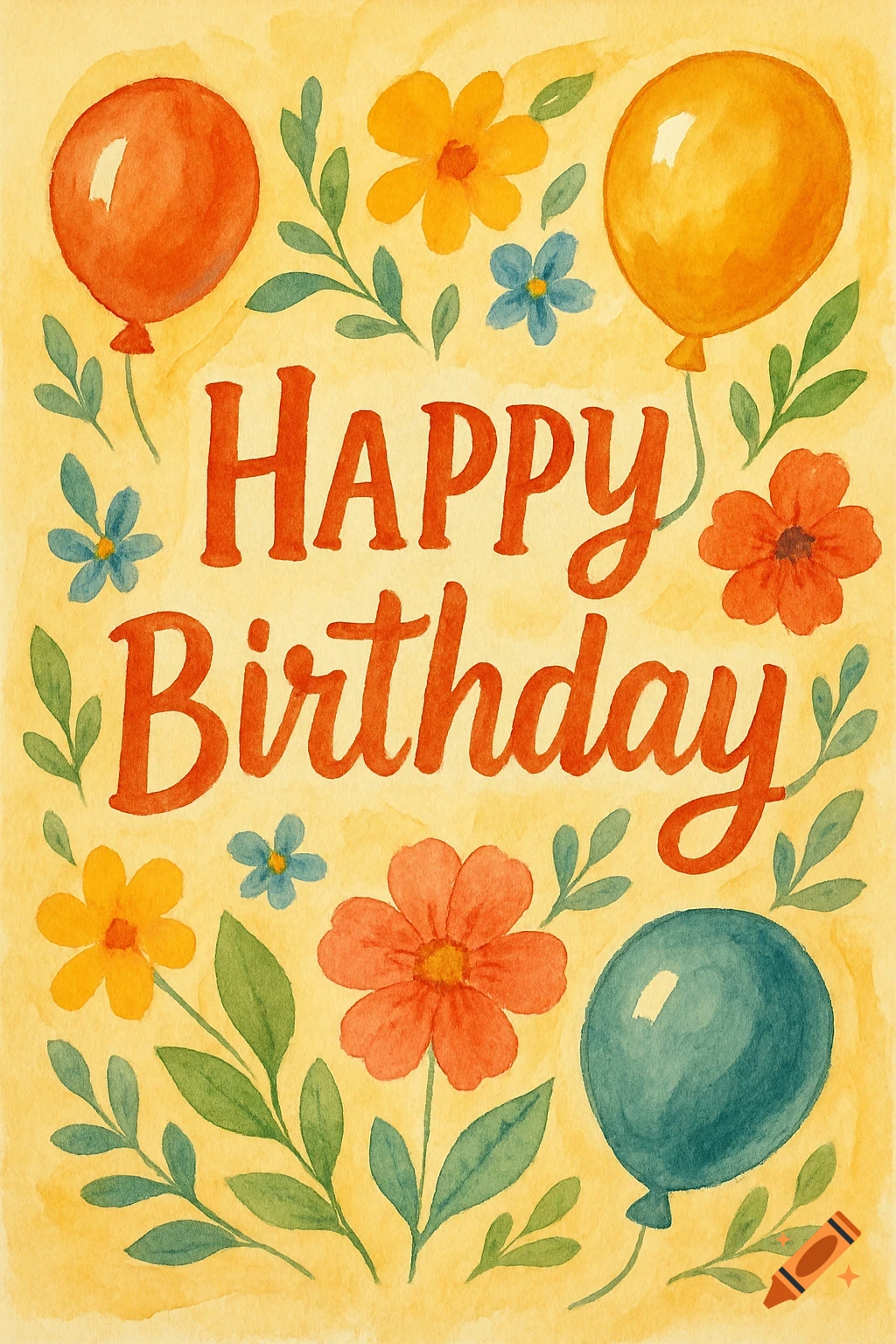 Watercolor birthday card illustration with red, orange, yellow, and blue flowers and balloons surrounding the text 'HAPPY BIRTHDAY'.