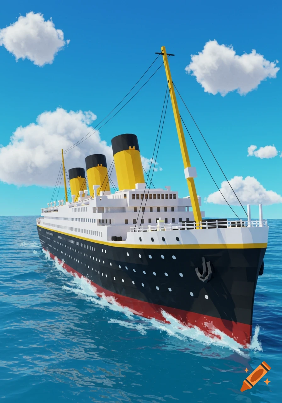 Low-poly Titanic ship sailing on a blue ocean under a cloudy sky.