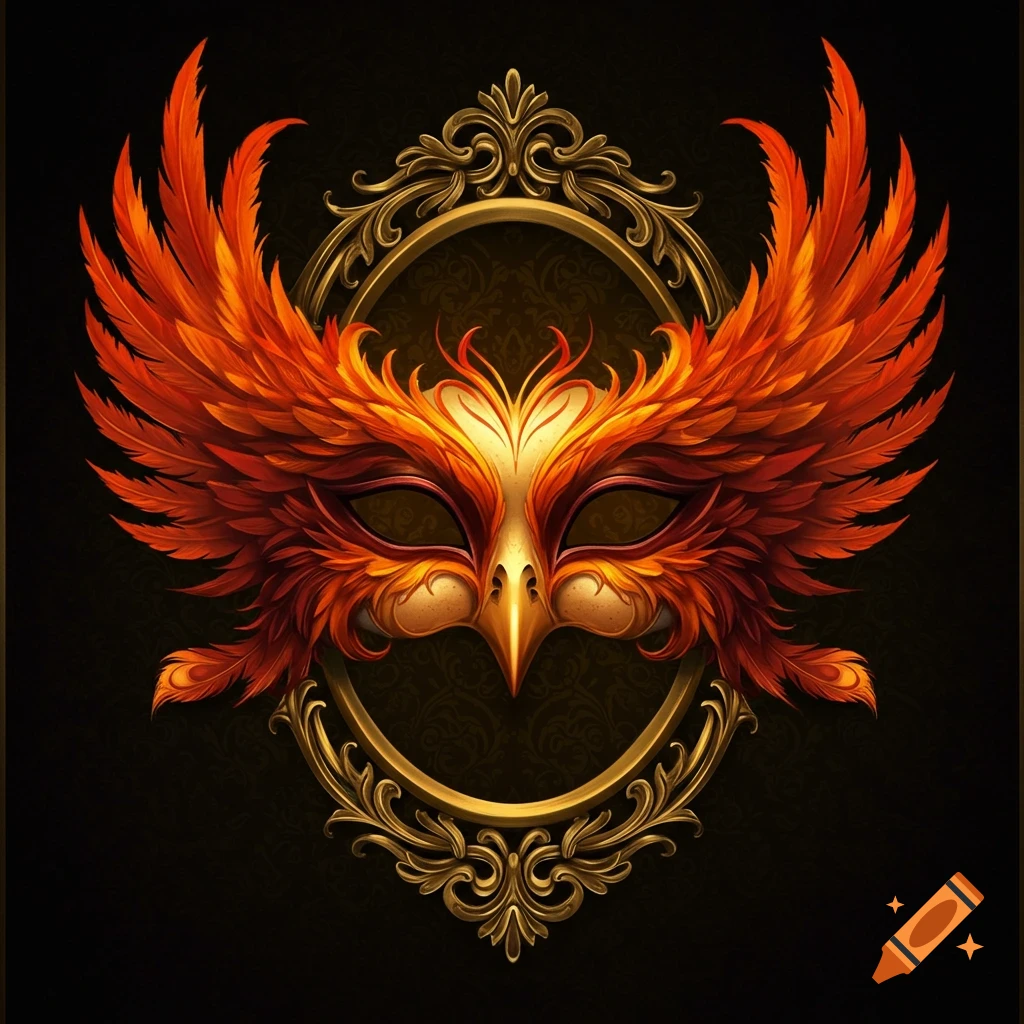 A phoenix-themed masquerade mask with orange and yellow feathers, set within a gold ornamental frame.