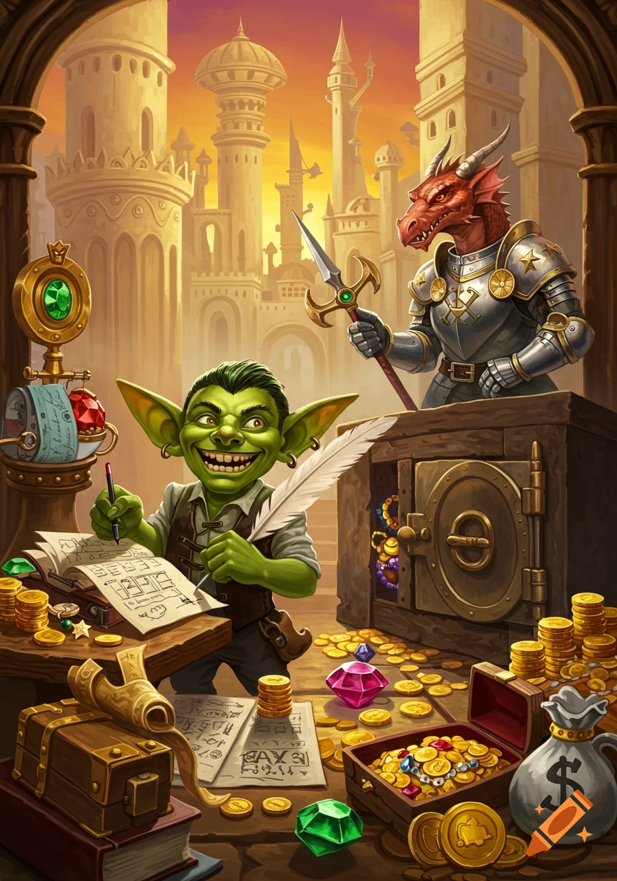 A goblin writes on papers filled with gold and gems, while a dragon-person in armor stands behind him. Fantasy scene.