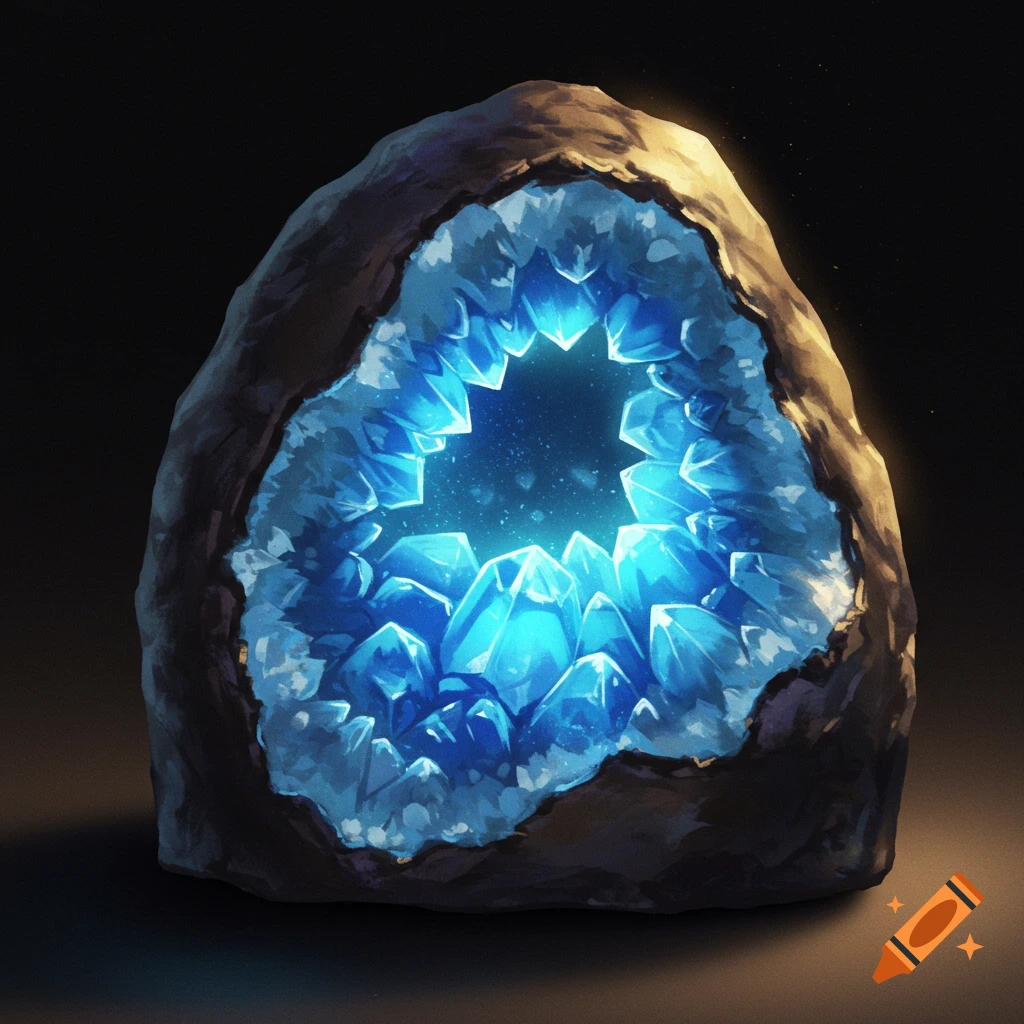 Illustration of a geode with glowing blue crystals