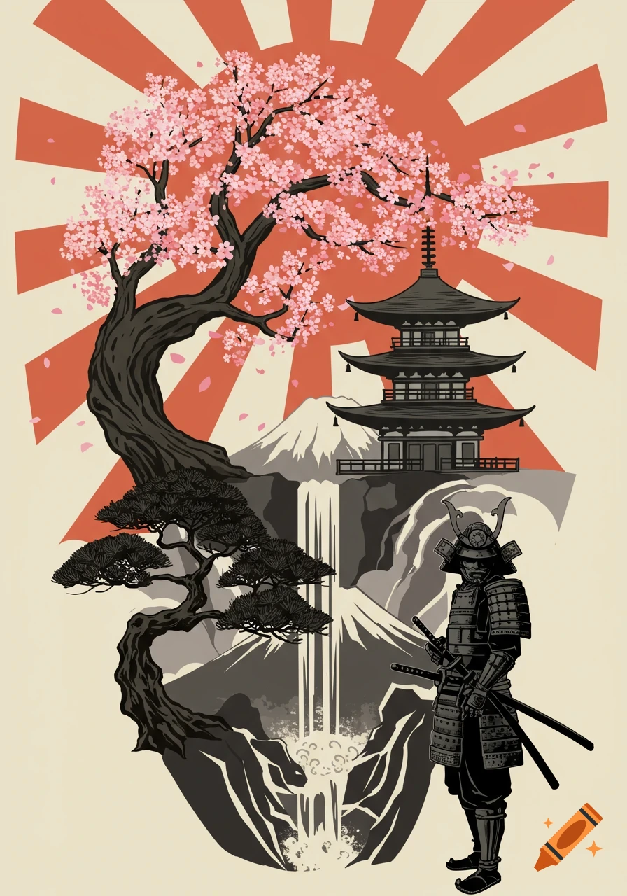 Illustrative depiction of a samurai, pagoda, cherry blossom tree, and waterfall against a rising sun.