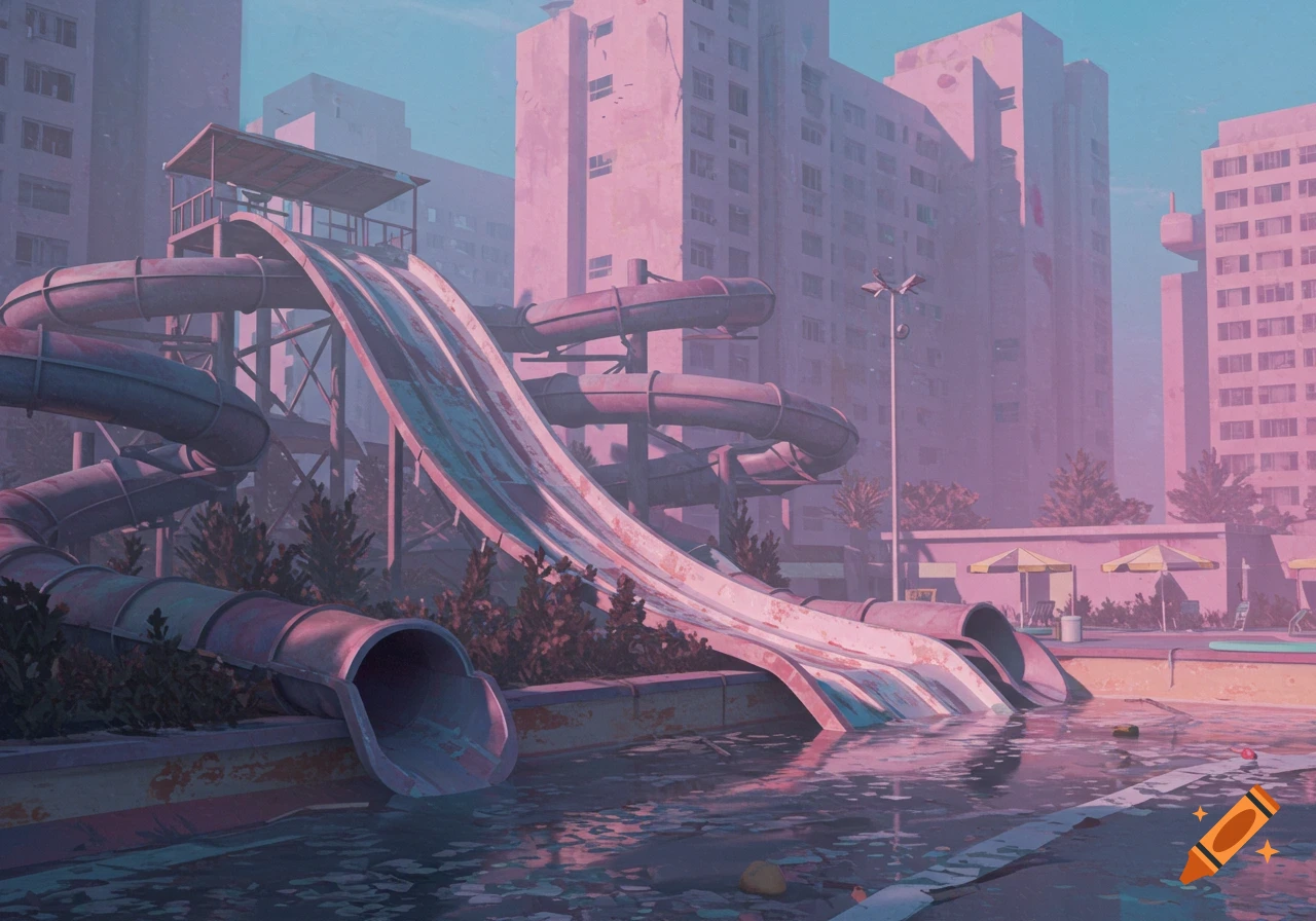 An abandoned water park with slides and pools set against tall buildings in a dusty, desaturated style.
