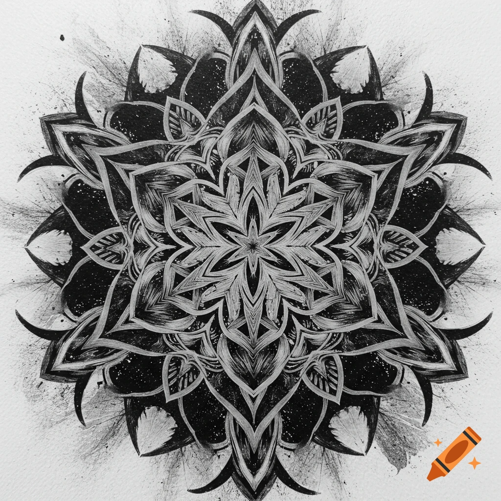 A detailed black and white mandala pattern with ink splatters. on Craiyon