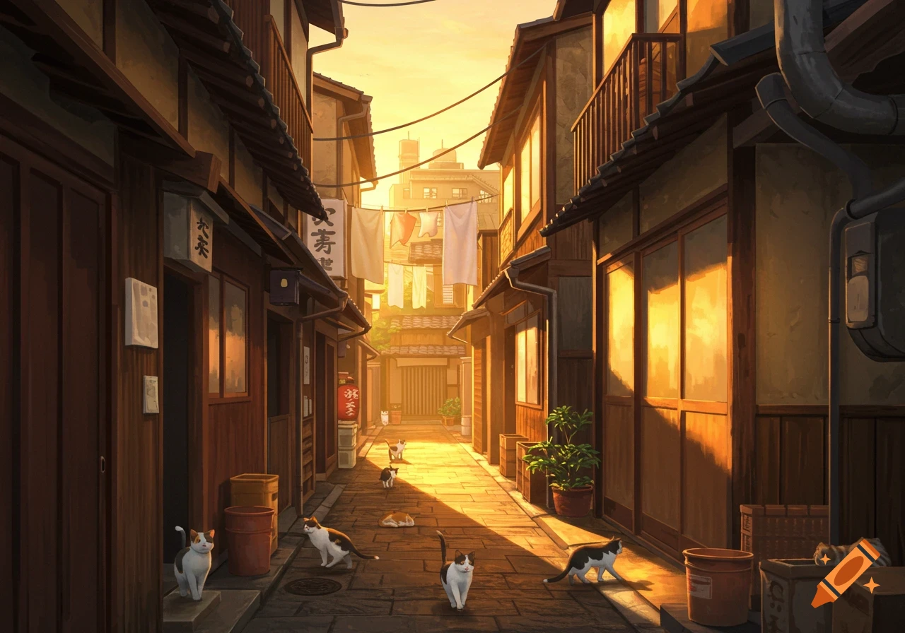 Painterly Tokyo alley at golden hour with many cats