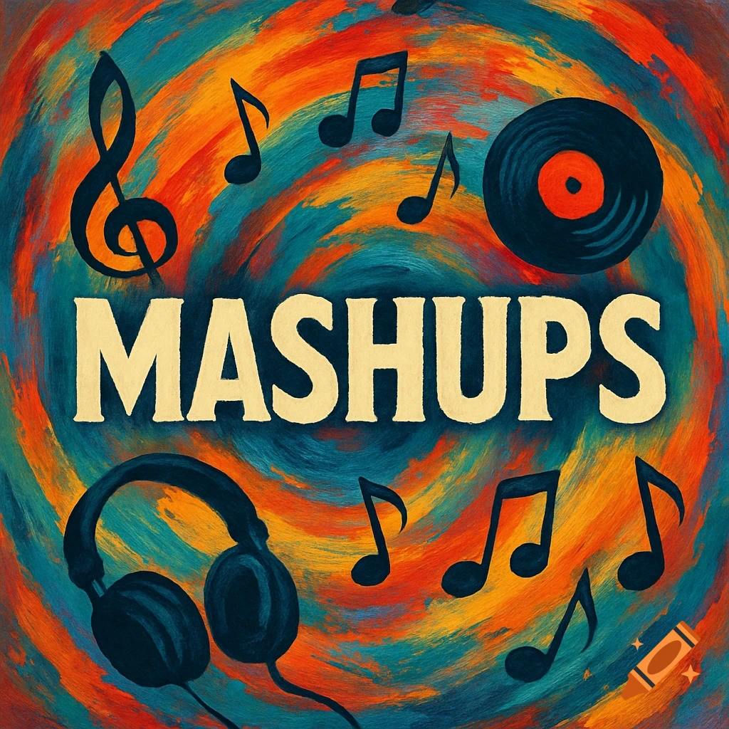 Musical symbols, headphones, and a vinyl record around the text 'MASHUPS' on a colorful swirled background.